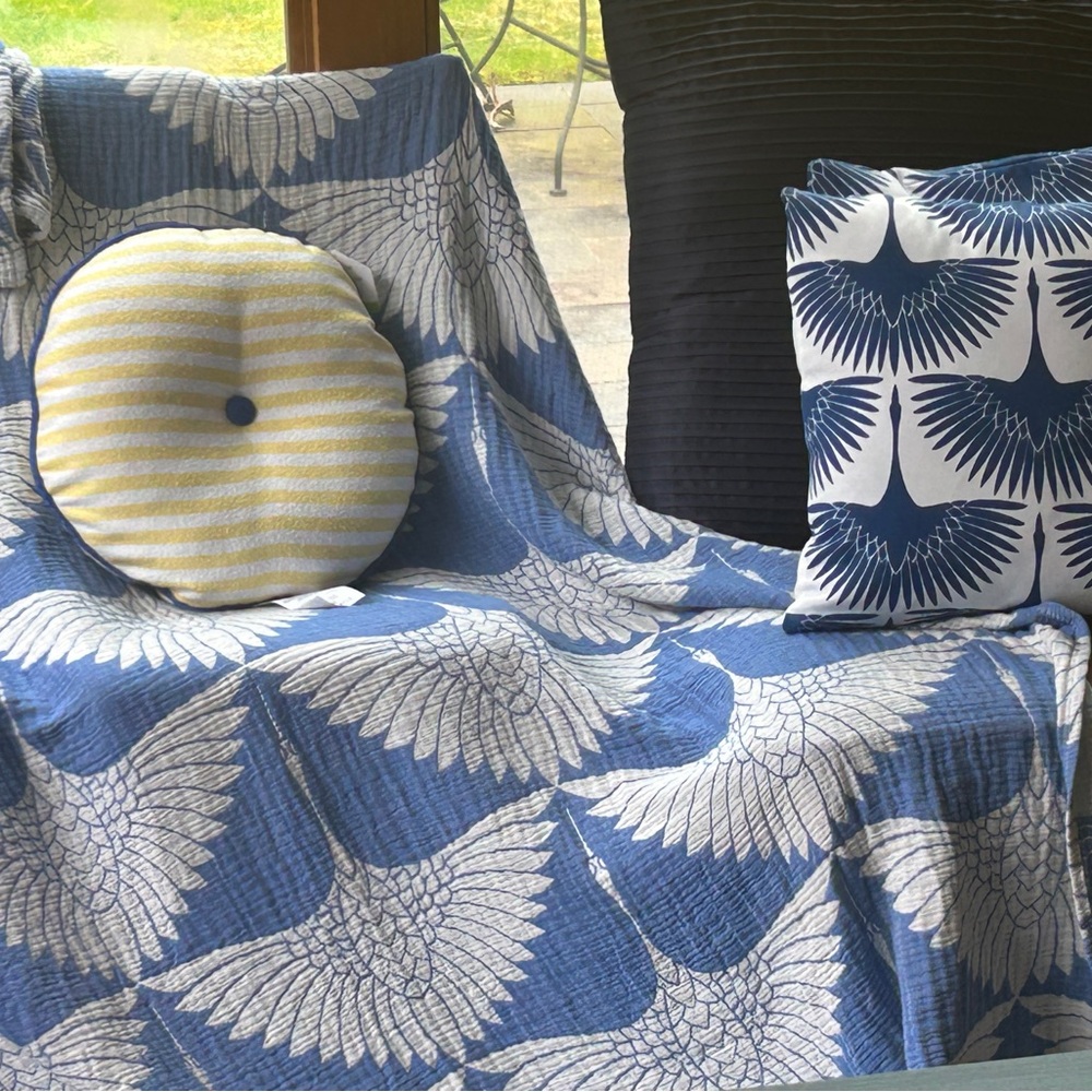 Coastal Set Royal Blue Modern Cranes Quilted Throw Blanket + Terry Cloth Pillow